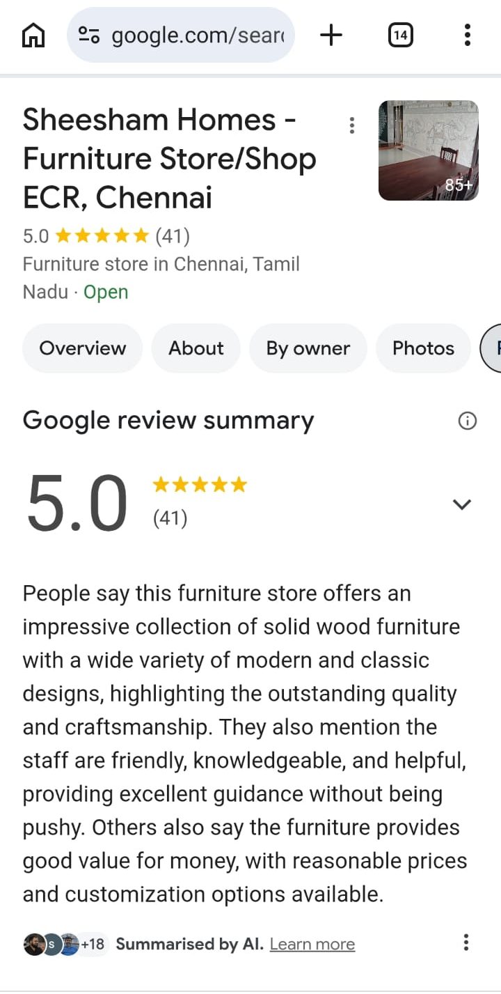 Sheesham Homes on Google: 5.0 on Google, AI review summary